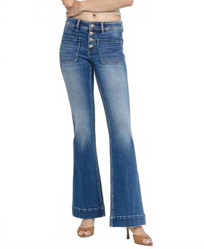 Vervet By Flying Monkey Mid Rise Trouser Hem Flare Jean In Gleefully In Blue