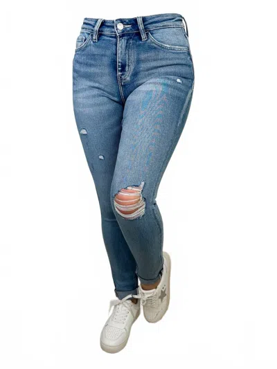 Vervet By Flying Monkey Oaklee Distressed High-rise Raw Hem Skinny Jeans In Light Wash Denim In Blue