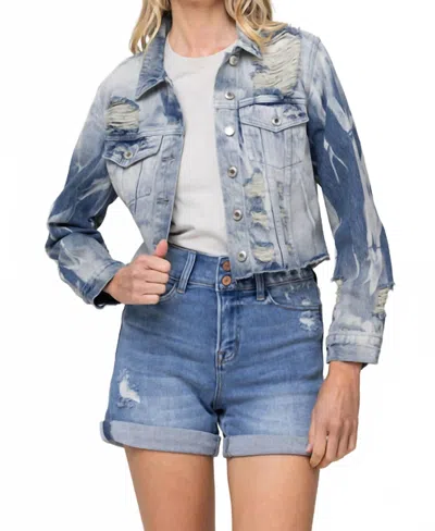 Vervet By Flying Monkey Rigid Classic Crop Denim Tie Dye Jacket In Blue Tie Dye