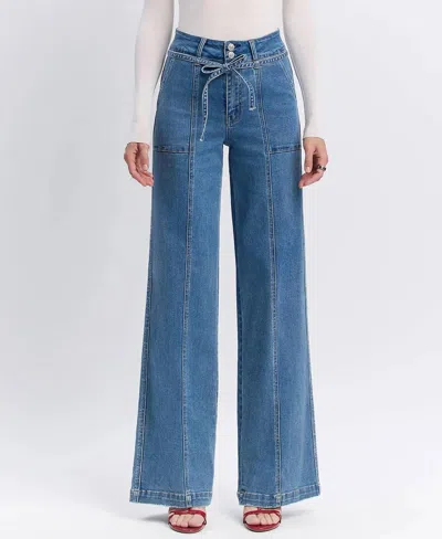 Vervet By Flying Monkey Super High Rise Tie Waistband Wide Leg Jeans In Lush Life In Blue