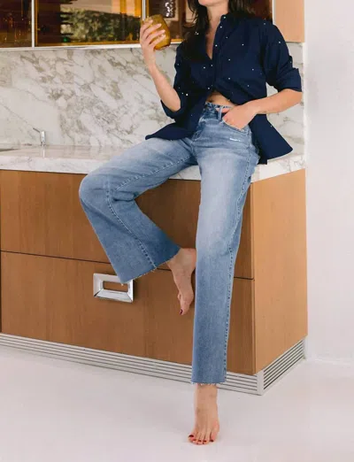 Vervet By Flying Monkey Vouchsafe Mid Rise Clean Cut Raw Hem Wide Jeans In Blue