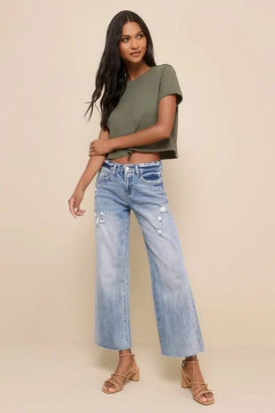Vervet Olivia Light Wash Distressed Mid Rise Cropped Denim Jeans In Blue
