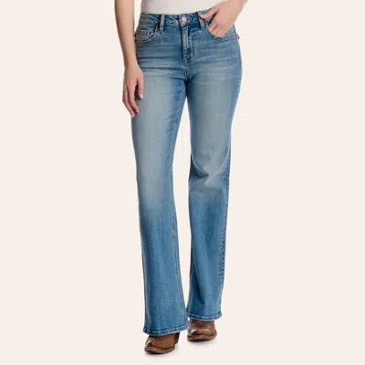 Vervet Women's Medium Wash High Rise Flap Pocket Relaxed Flare Jeans In Blue