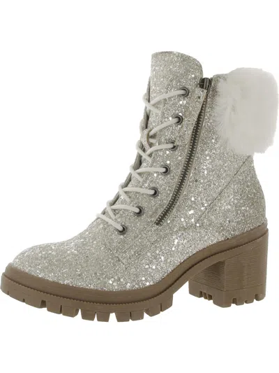Very G Blink Womens Glitter Faux Fur Trim Combat & Lace-up Boots In White