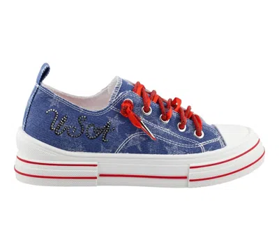 Very G Women's Aman Usa Rhinestone And Satin Lace Up Sneaker In Blue