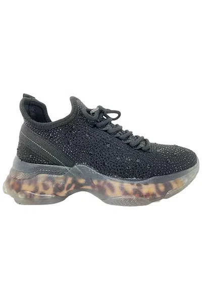 Very G Women's Hella Rhinestone Sneakers In Black With Leopard Sole In Gray
