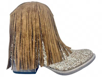 Very G Women's Trippin Western Fringe With Glitter Booties In Tan In Multi