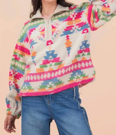 Very J Aztec Fleece Pullover In Pink Mix In Multi