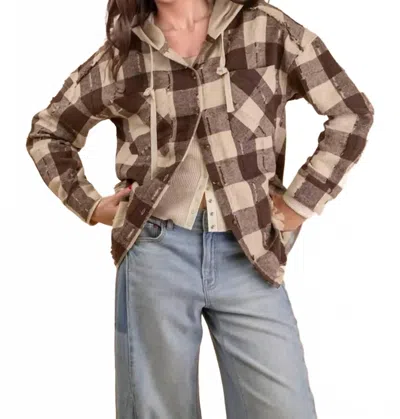 Very J Canyon Plaid Flannel Hooded Jacket In Brown In Multi