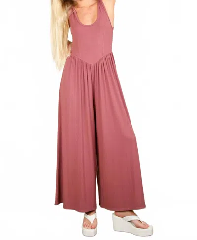 Very J Casual Ribbed Knit Sleeveless Jumpsuit In Dusty Rose In Brown