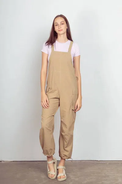 Very J Casual Sleeveless Cargo Jumpsuit In Taupe In Gray
