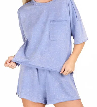 Very J Comfy Knit Top & Shorts Set In Mineral Washed In Blue