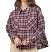 Very J Cuff Detail Plaid Oversized Button Up In Wine Mix In Multi