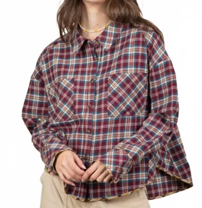 Very J Cuff Detail Plaid Oversized Button Up In Wine Mix In Multi