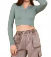 Very J Fitted Crop Henley Top In Sage
