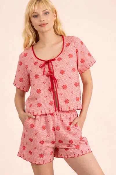 Very J Floral Embroidery Woven Top And Shorts Set In Red
