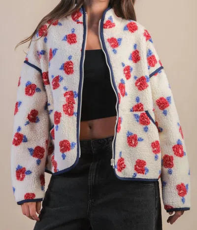 Very J Floral Printed Fleece Sherpa Jacket In White