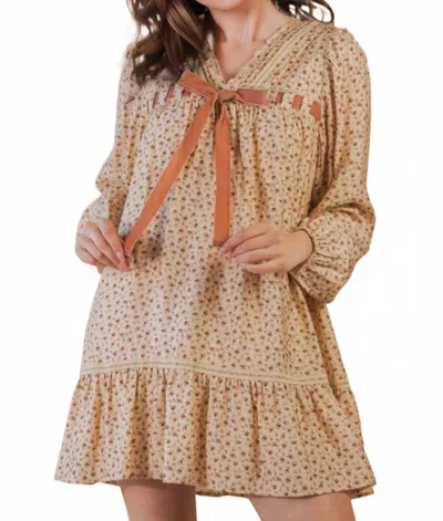 Very J Floral Printed Front Bow Mini Dress In Champagne In Neutral