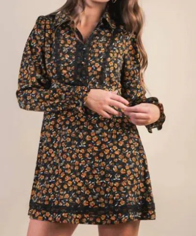 Very J Floral Printed Lace Trim Collared Mini Dress In Black Mix