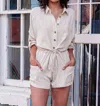Very J Guilty Pleasure Pocketed Button Down Romper In Oatmeal