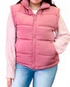 Very J High Neck Casual Puffer Vest In Pink In Pink