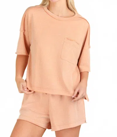 Very J Mineral Washed Comfy Knit Top & Shorts Set In Orange In Pink