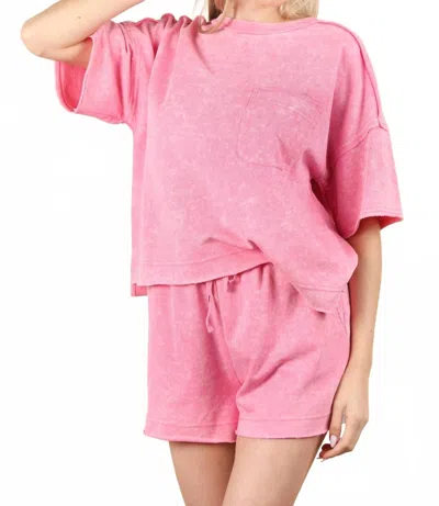 Very J Mineral Washed Comfy Knit Top & Shorts Set In Pink In Multi