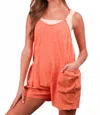 Very J Mineral Washed Sleeveless Casual Knit Romper In Orange In Multi