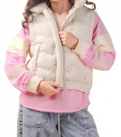 Very J Mock Neck Puffer Tie Vest In Ecru In Multi