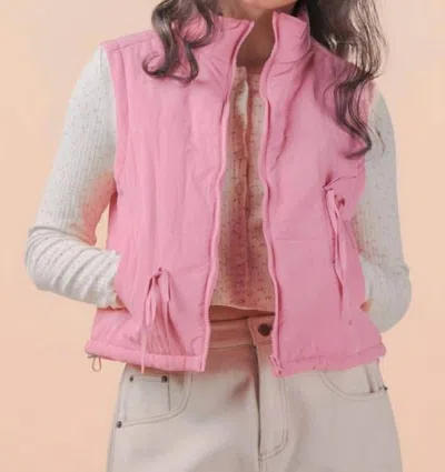 Very J Mock Neck Puffer Tie Vest In Rose In Multi
