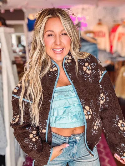 Very J Oversized Floral Printed Fleece Sherpa Jacket In Brown