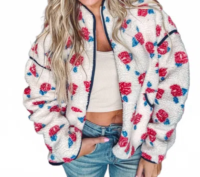 Very J Oversized Floral Printed Fleece Sherpa Jacket In Ivory In Multi
