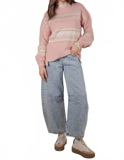 Very J Oversized Printed Knit Contrast Knit Top In Blush In Pink