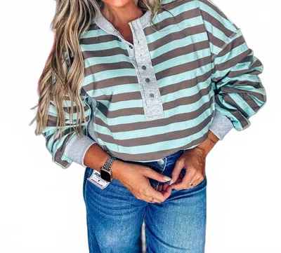 Very J Oversized Striped Half Button Down Top In Mocha/ Sage In Green