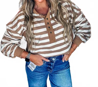 Very J Oversized Striped Half Button Down Top In Taupe/cream In Multi