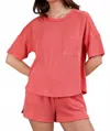 Very J Oversized Two Tone Double Knit Top & Shorts In Coral In Red