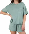 Very J Oversized Two Tone Double Knit Top & Shorts In Sage In Multi