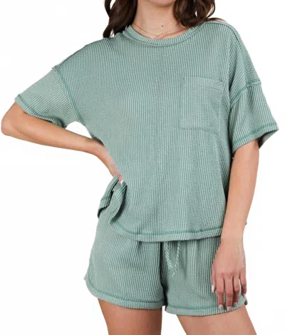 Very J Oversized Two Tone Double Knit Top & Shorts In Sage In Multi