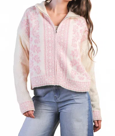 Very J Romantic Floral Zip Sweater In Oatmeal/pink
