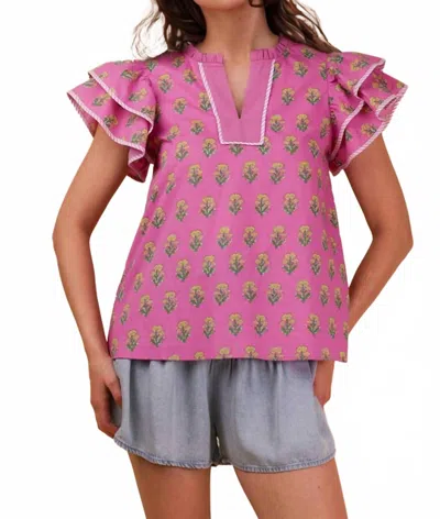 Very J Ruffle Sleeve Printed Woven Blouse Top In Pink Mix