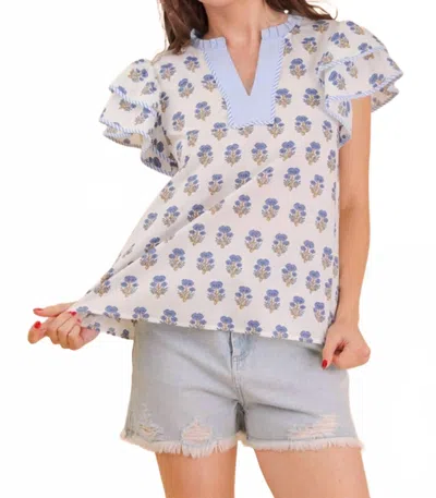 Very J Ruffle Sleeve Printed Woven Blouse Top In White Mix