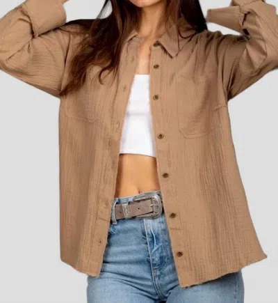 Very J Shacket Gauze Button Down Shirt Top In Mocha