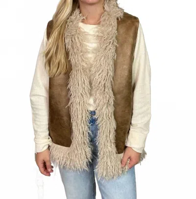Very J Sherpa Suede Boho Vest With Faux Fur In Beige In Brown