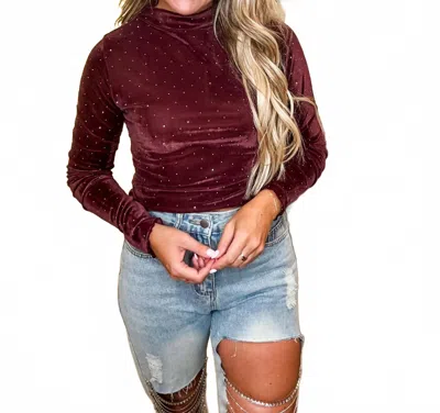 Very J Stone Velvet Sparkle Fitted Top In Burgundy In Brown