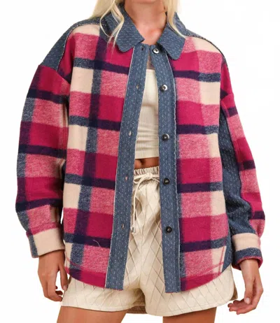 Very J Textured Denim Contrast Plaid Shacket In Pink In Multi