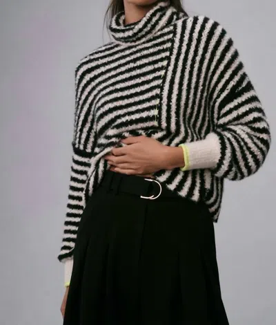 Very J Turtleneck Striped Fuzzy Pullover In Black