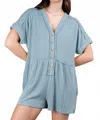 Very J Two Tone Ribbed Knit Comfy Casual Romper In Blue In Gray
