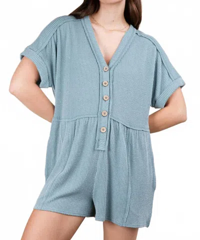 Very J Two Tone Ribbed Knit Comfy Casual Romper In Blue In Gray