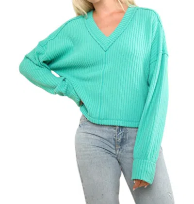 Very J Vneck Raw Hem Cozy Sweater In Green In Blue