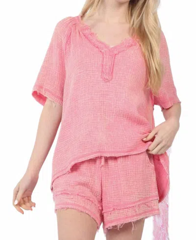 Very J Washed Cotton Crinkle Gauze Top & Shorts Set - Plus In Pink In Multi
